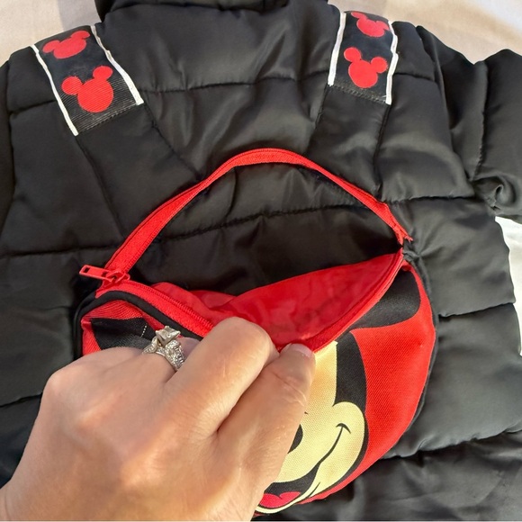 Disney Winter Coat & Mickey Stuffy, Kids Black Red Hooded Puffer Backpack Sz 2T - Picture 10 of 16
